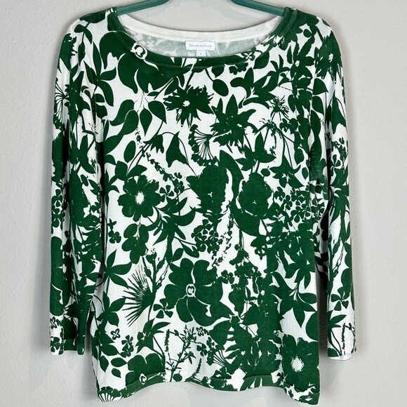 Charter Club Green White Floral Sweater L - Picture 1 of 7